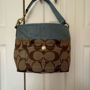 Coach Brown and Blue Monogram Shoulder Bag with Dust Bag and Coach Cleaner!